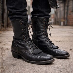Double H Packer Boots Lacer Mens 10B Black Leather Western Cowboy Kiltie Ostrich